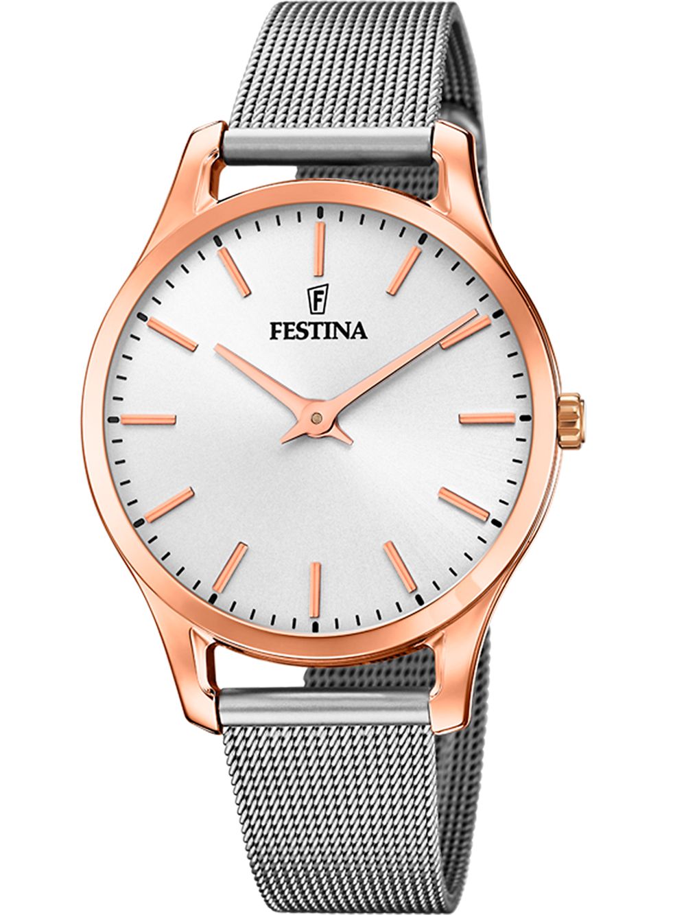 Zegarek damski Festina: biała tarcza, srebrna bransoleta typu mesh, koperta w kolorze różowego złota