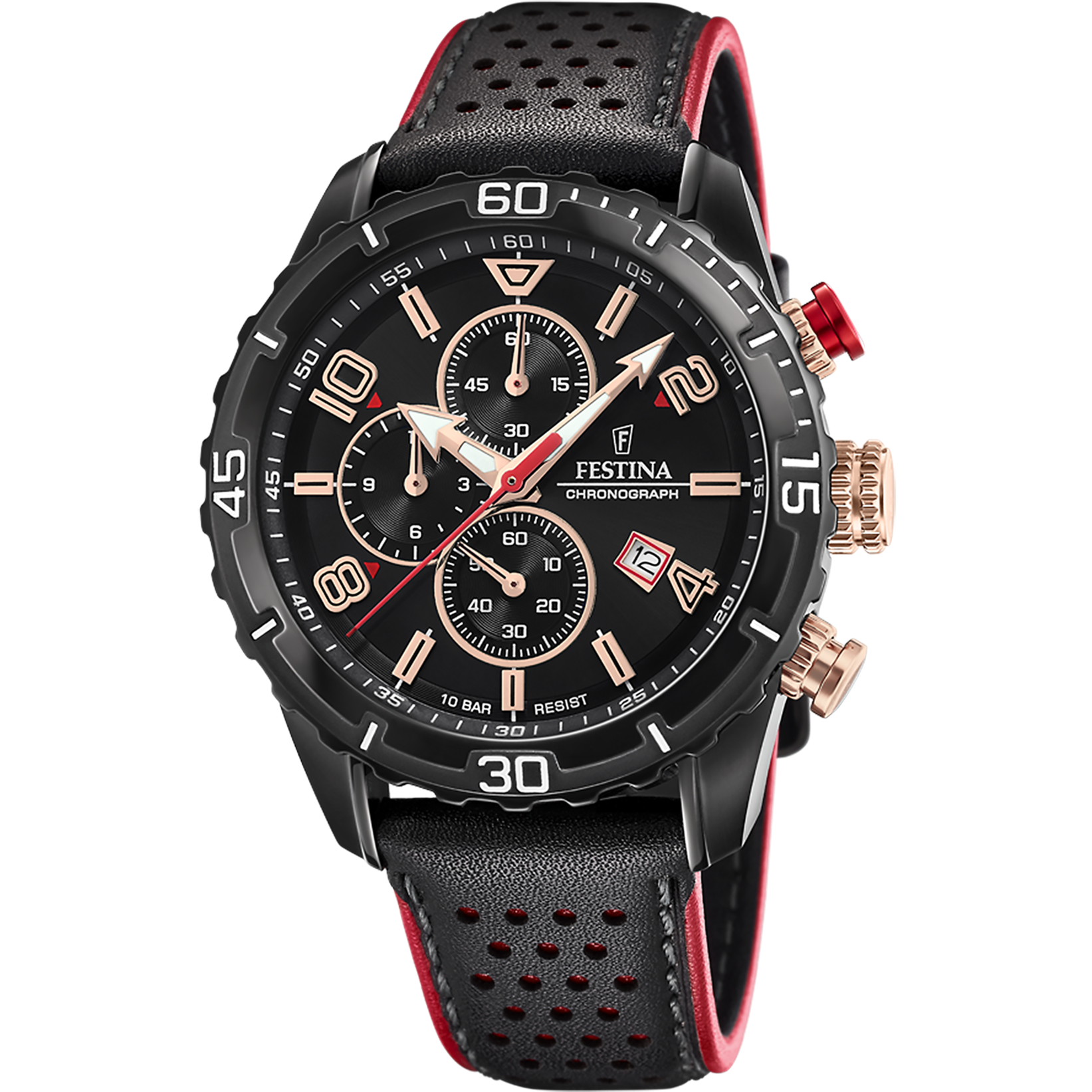 Męski zegarek Festina Chronograph: czarna tarcza, subtarcze stopera, czarno-czerwony skórzany pasek.