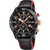 Męski zegarek Festina Chronograph: czarna tarcza, subtarcze stopera, czarno-czerwony skórzany pasek.