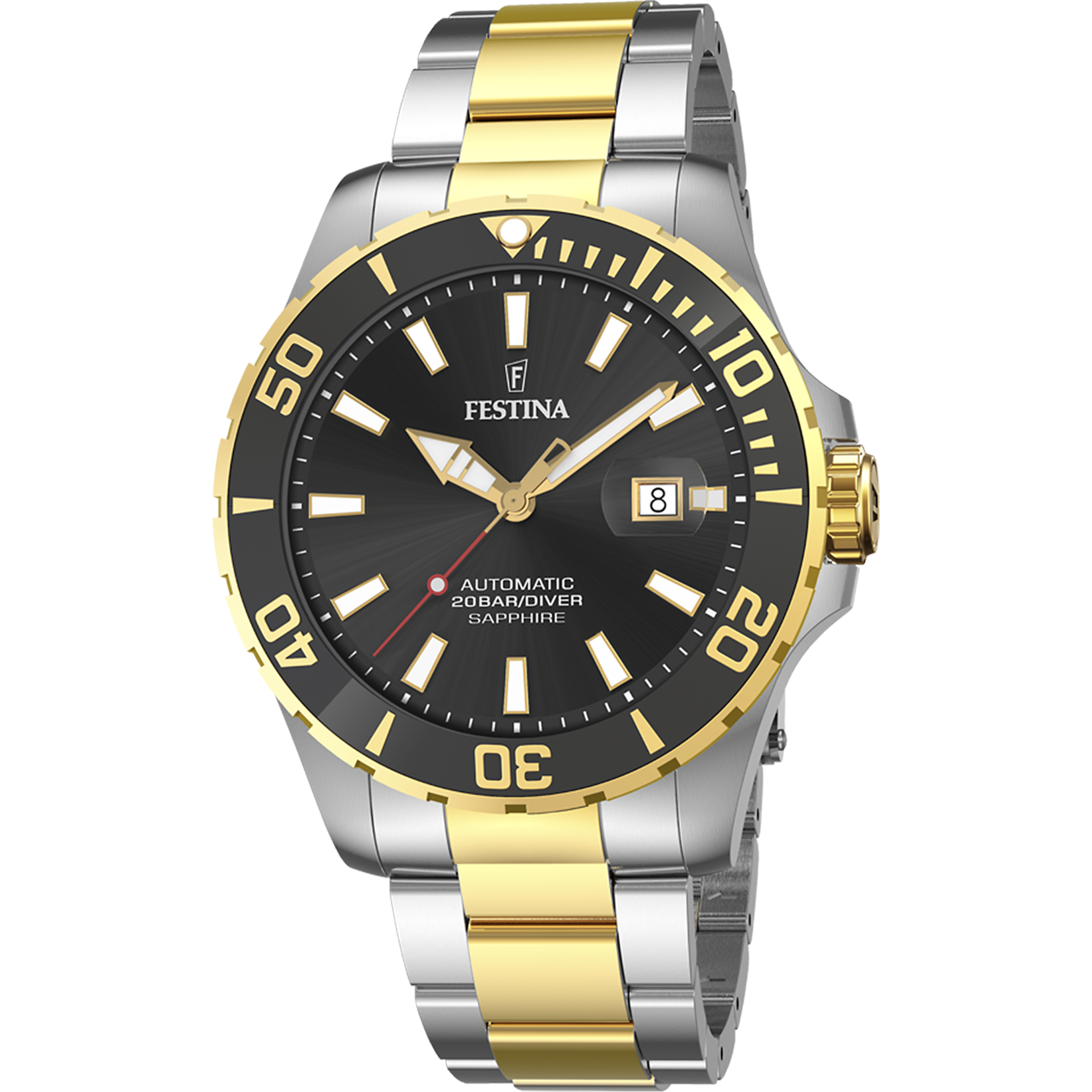 Męski zegarek naręczny Festina Diver z czarną tarczą oraz złoto-srebrną bransoletą i lunetą