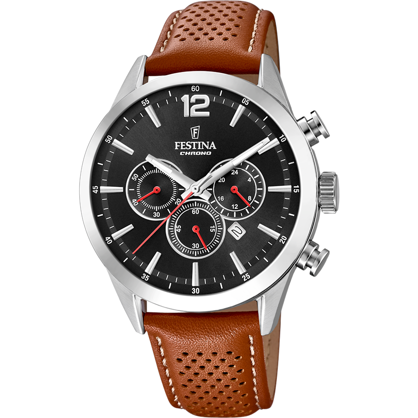 Zegarek męski Festina z chronografem, czarną tarczą i brązowym skórzanym paskiem