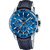 Męski zegarek typu chronograf z niebieską tarczą, bezelem z tachymetrem i ciemnoniebieskim skórzanym paskiem