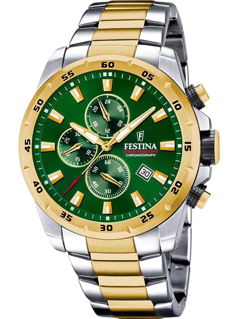 Zegarek Festina Chronograph z zieloną tarczą, dwukolorową bransoletą ze stali szlachetnej i datownikiem