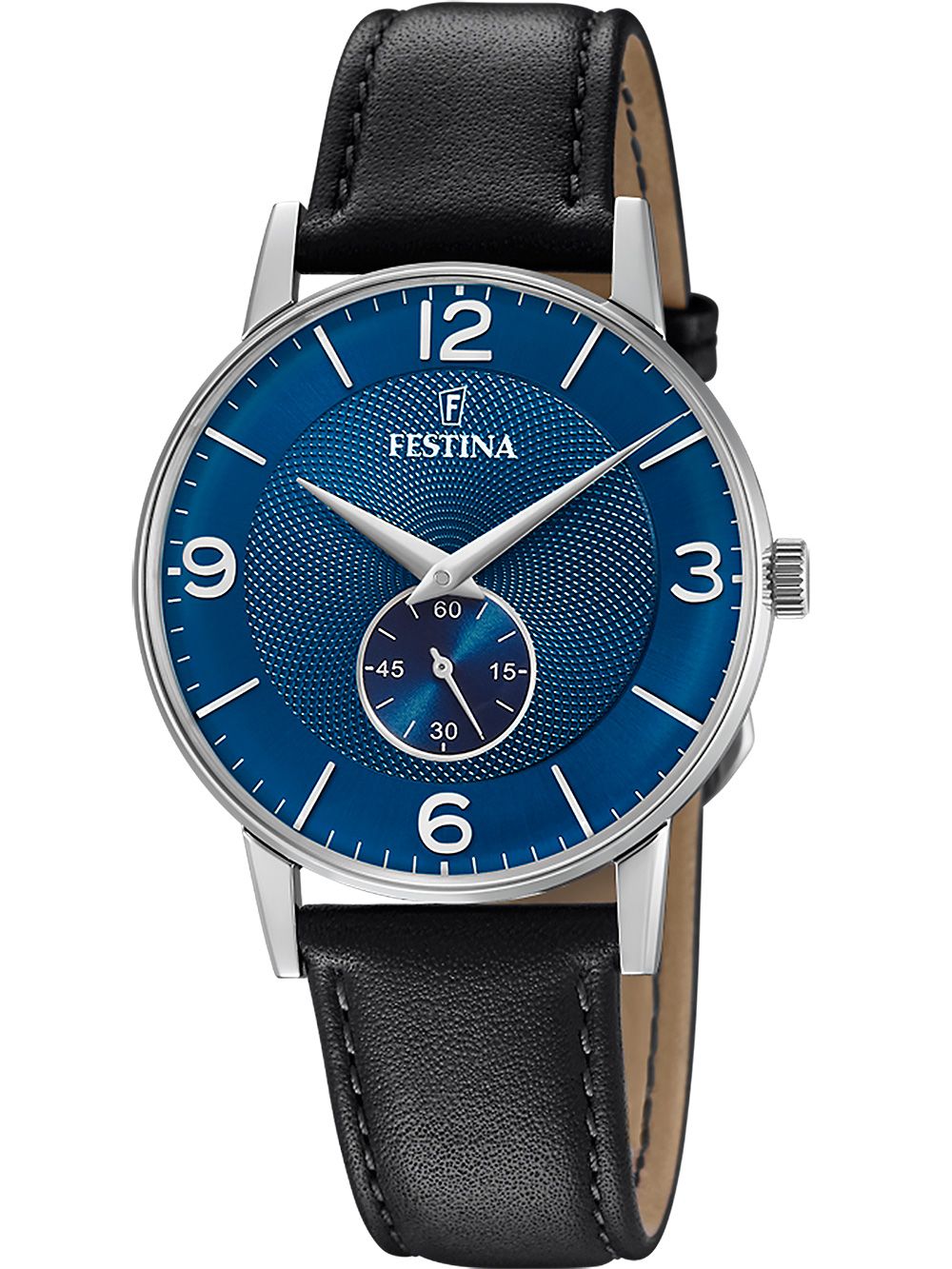 Zegarek męski Festina z niebieską tarczą i czarnym skórzanym paskiem