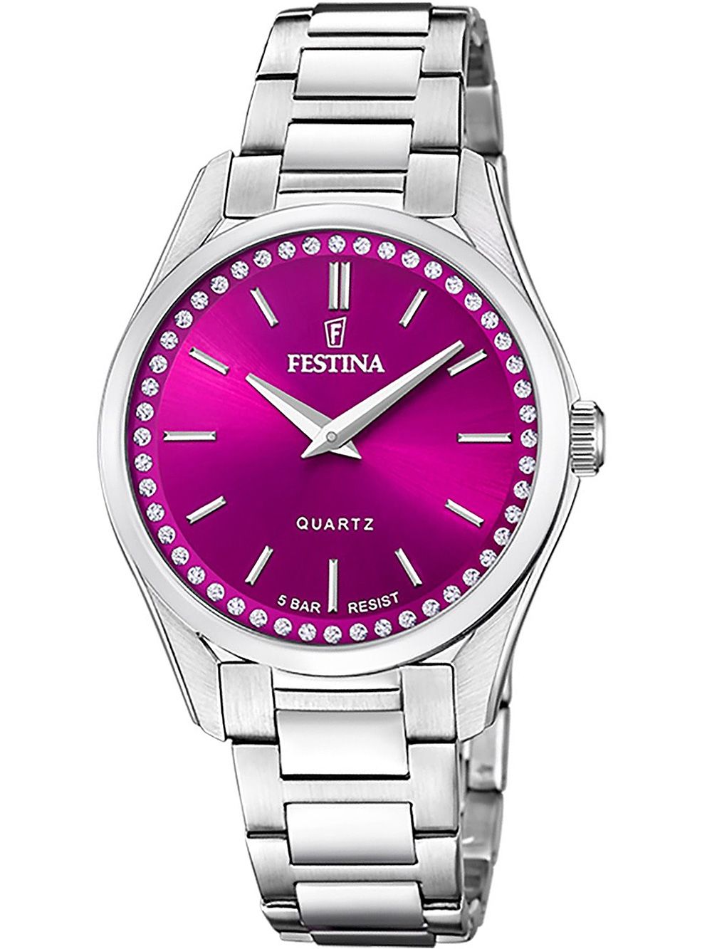 Zegarek damski Festina z fioletową tarczą, lunetą z cyrkoniami i metalową bransoletą