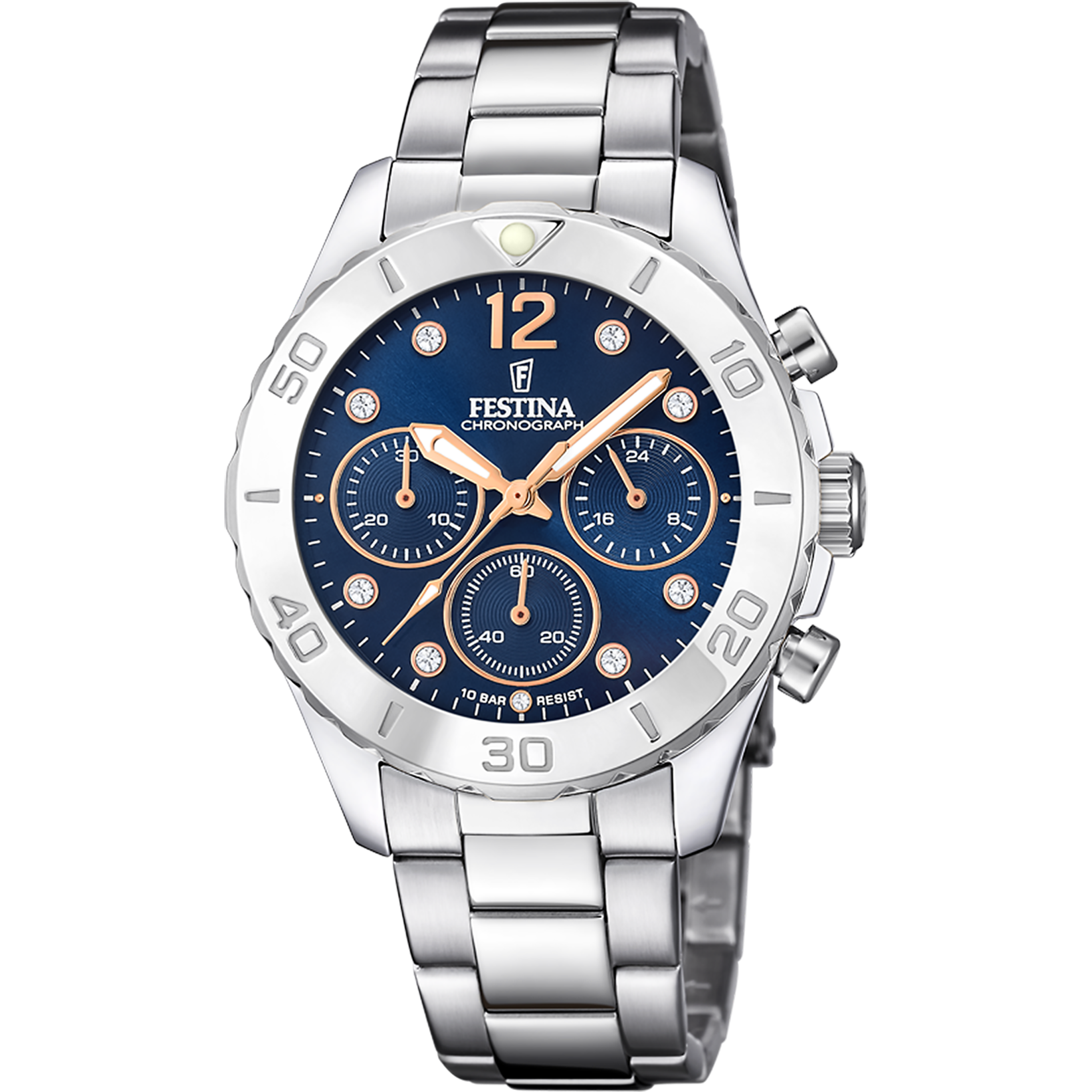 Zegarek damski Festina: bransoleta ze stali szlachetnej, niebieska tarcza chronografu, szkło mineralne