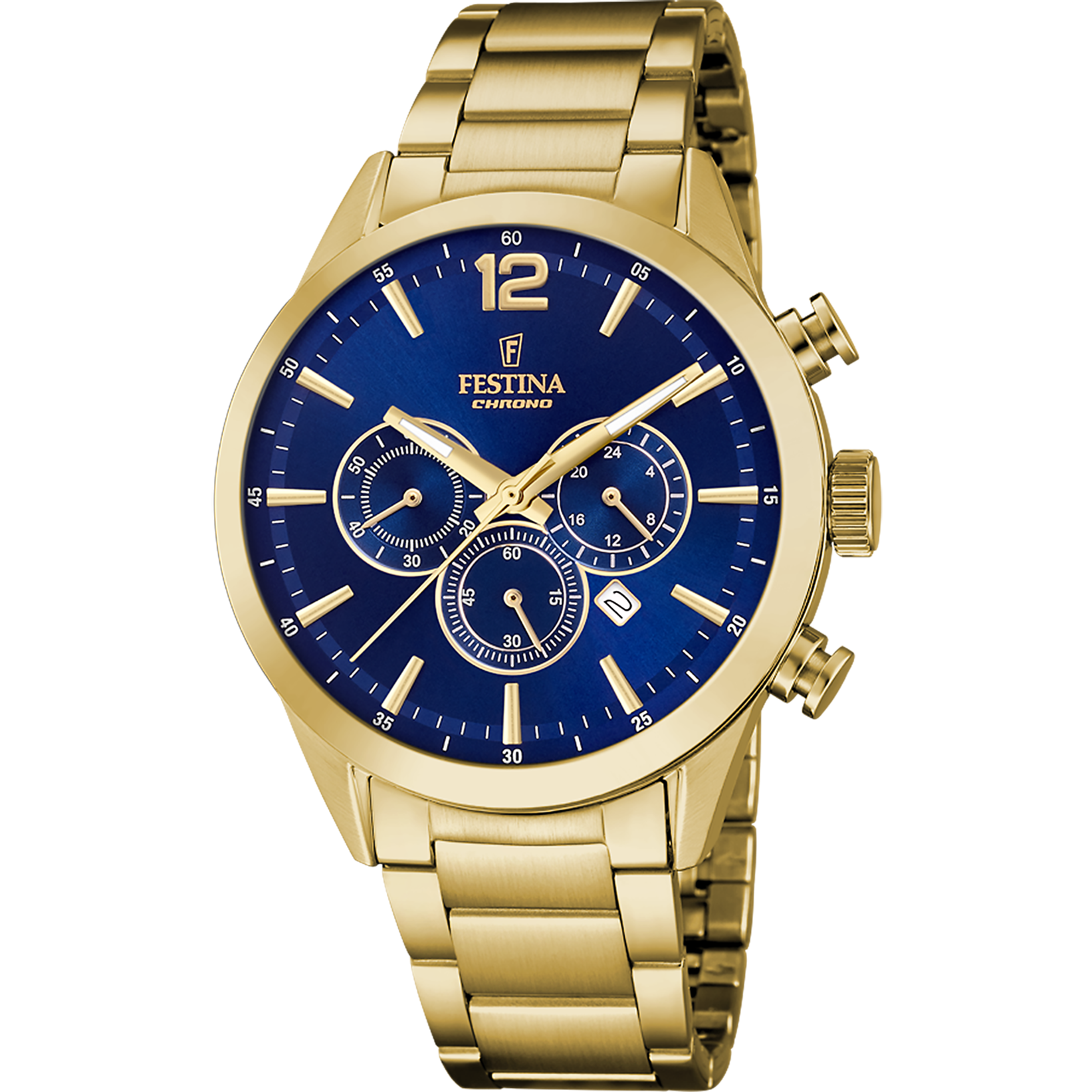 Zegarek męski Festina Chronograph: niebieska tarcza, złota metalowa bransoleta