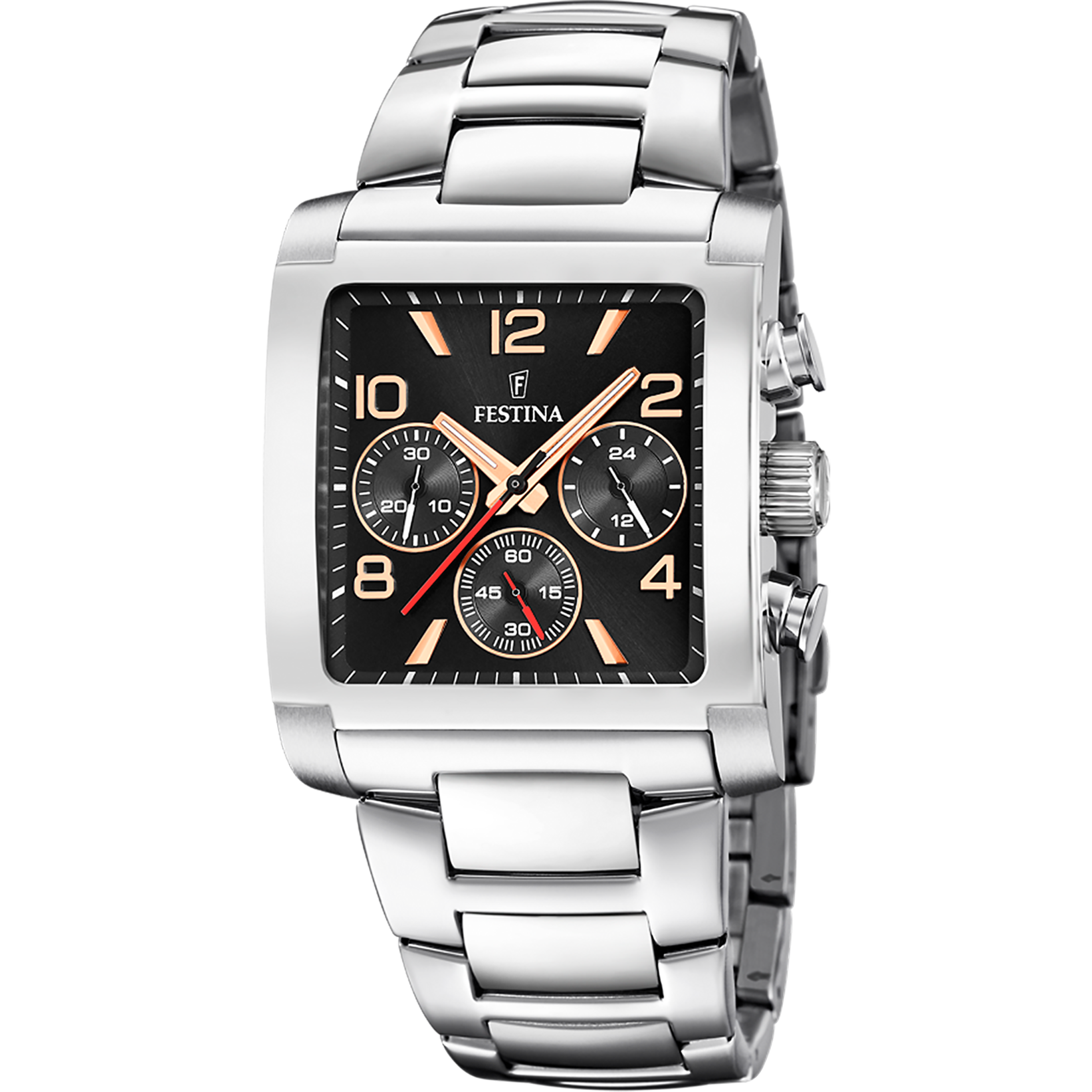 Zegarek męski Festina typu chronograf ze srebrną metalową bransoletą i czarną tarczą