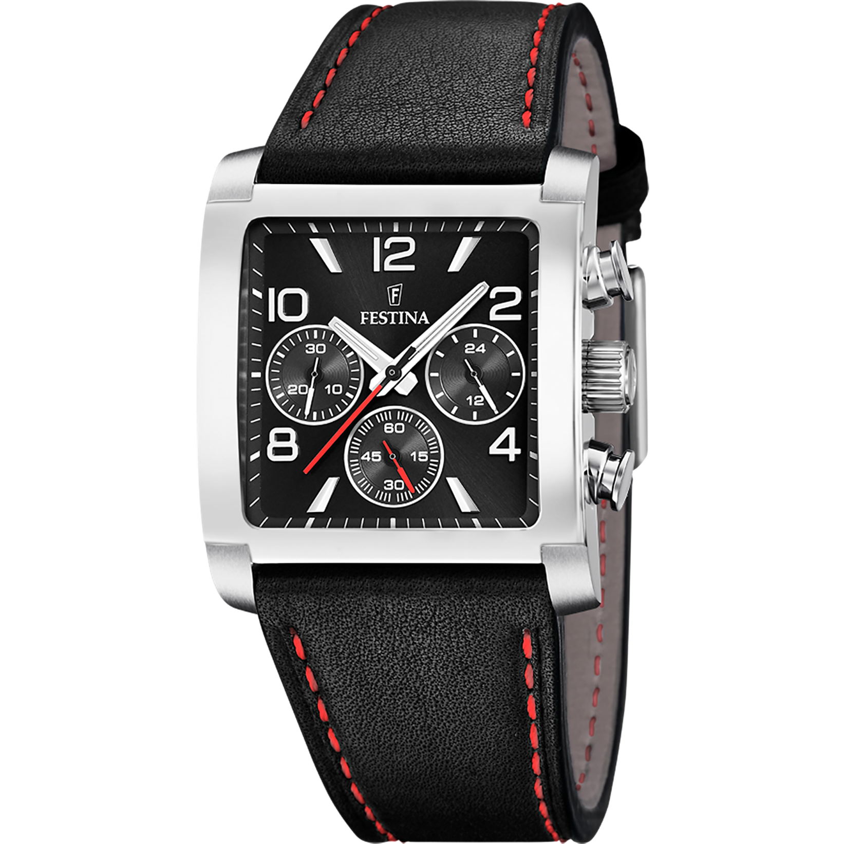 Męski zegarek Festina typu chronograf z czarną tarczą, srebrną kopertą i skórzanym paskiem