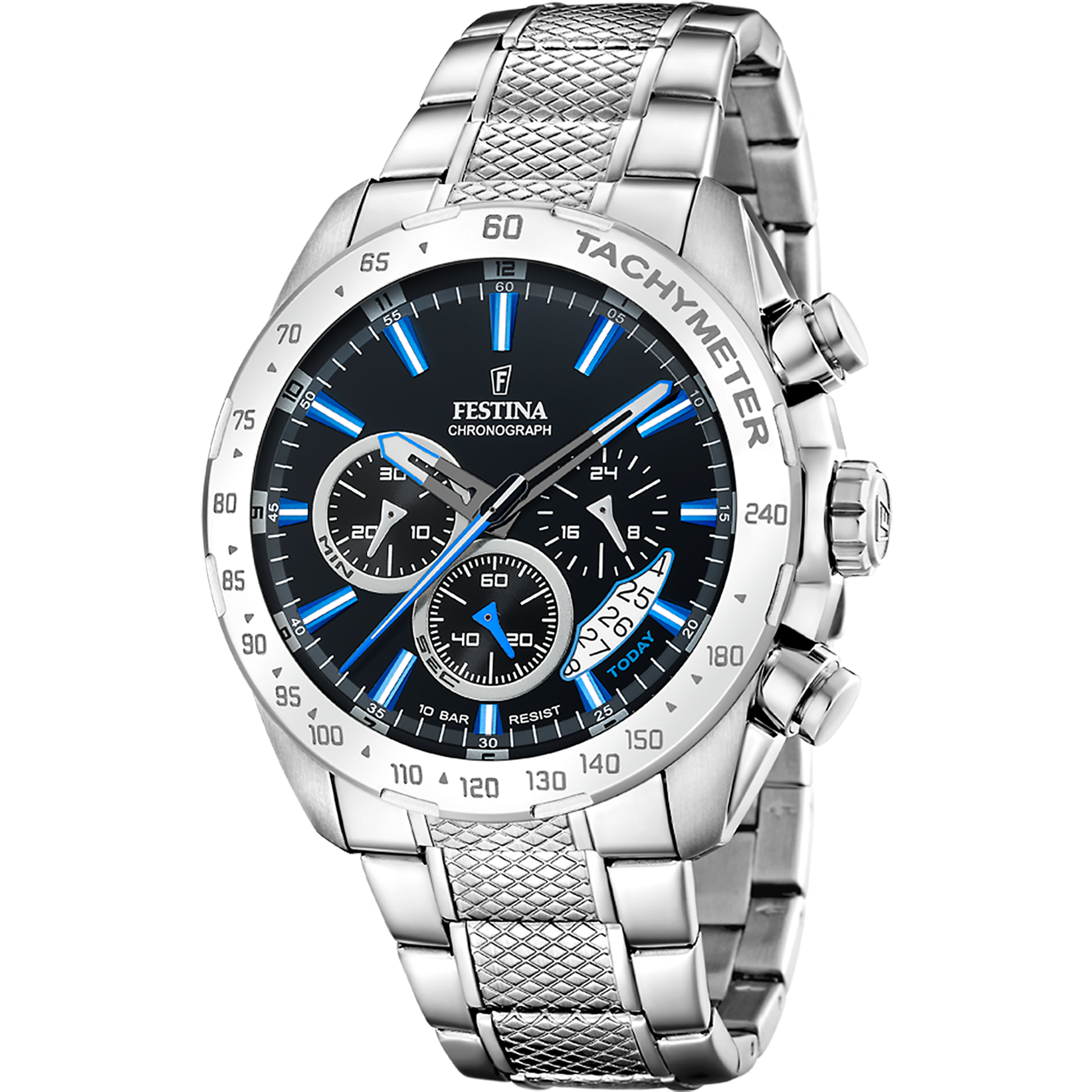 Zegarek męski Festina Chronograph z niebieską tarczą, bezelem z tachymetrem i stalową bransoletą