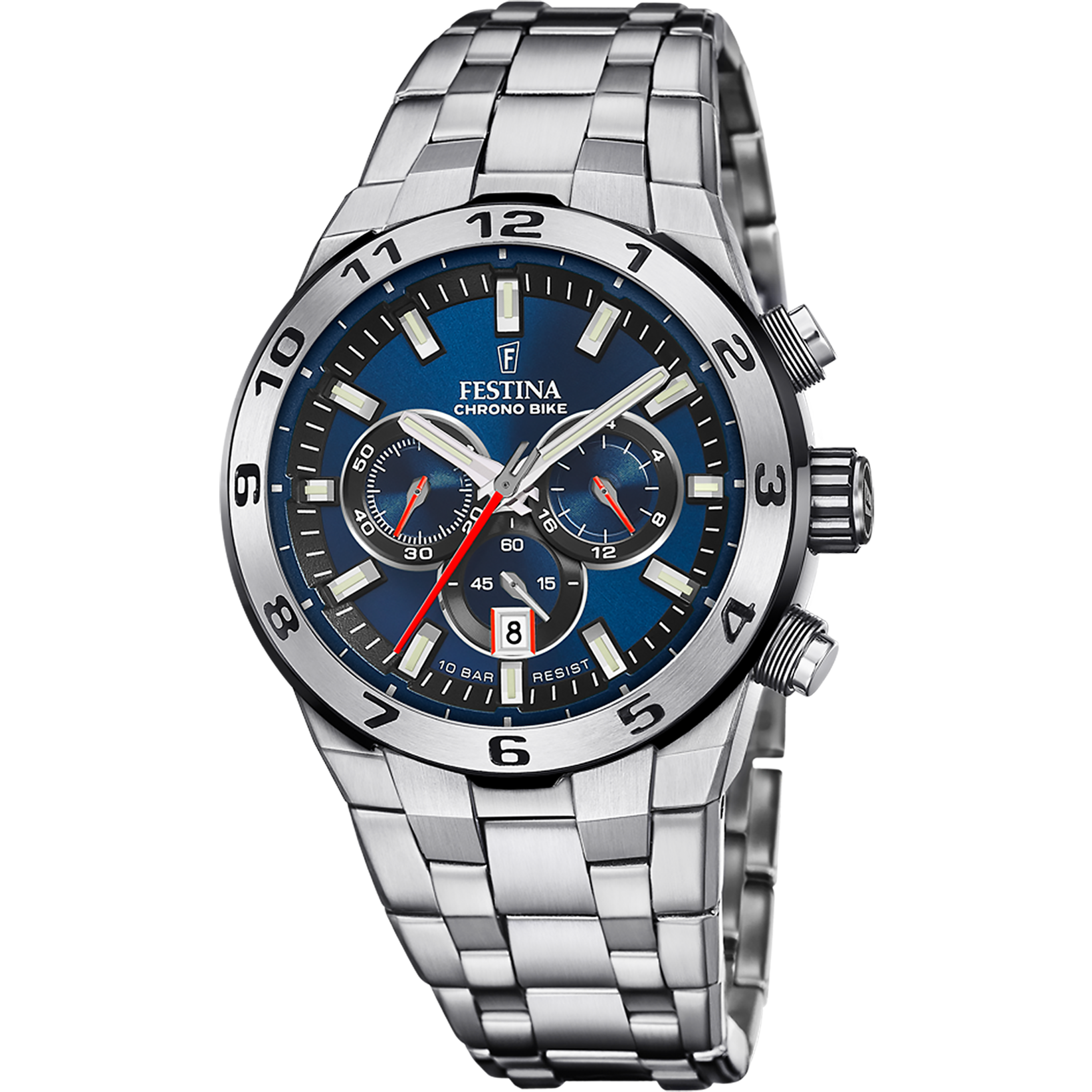 Zegarek męski Festina Chrono Bike: niebieska tarcza, chronograf, bransoleta ze stali szlachetnej