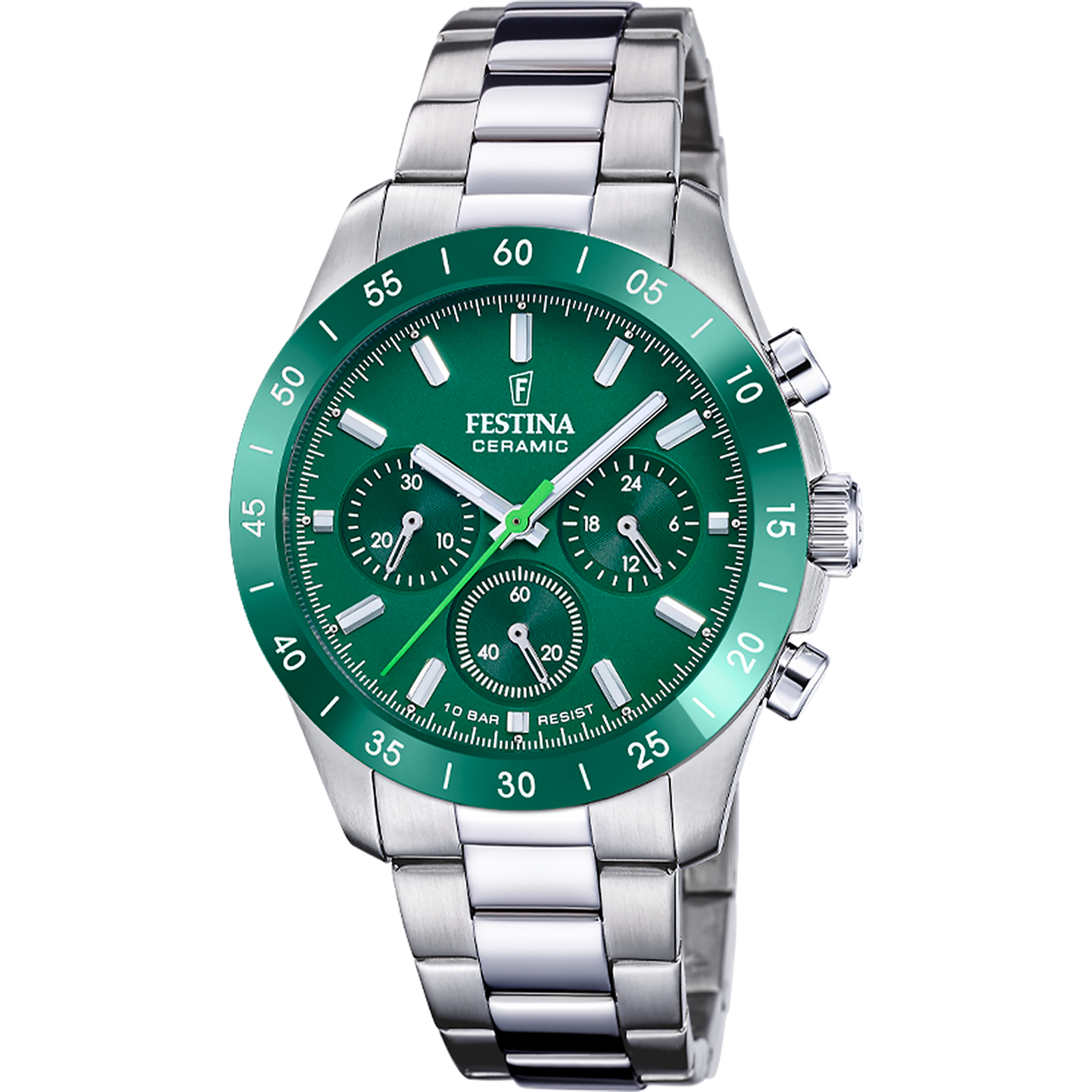 Zegarek damski Festina z zieloną tarczą i chronografem, bransoleta ze stali szlachetnej, okrągła koperta 39 mm