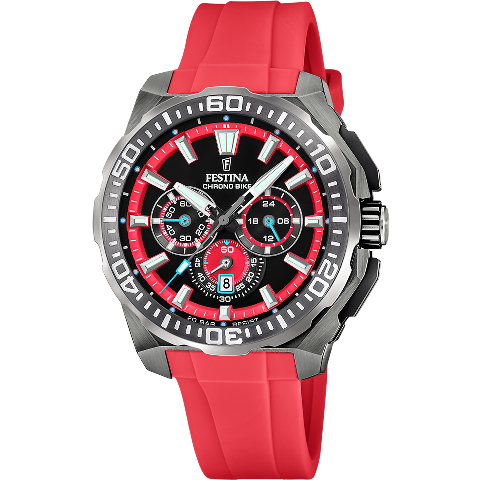 Męski zegarek Festina Chrono Bike z chronografem, czerwonym silikonowym paskiem i czarną tarczą