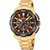 Męski zegarek z chronografem, złotą metalową bransoletą i brązową tarczą