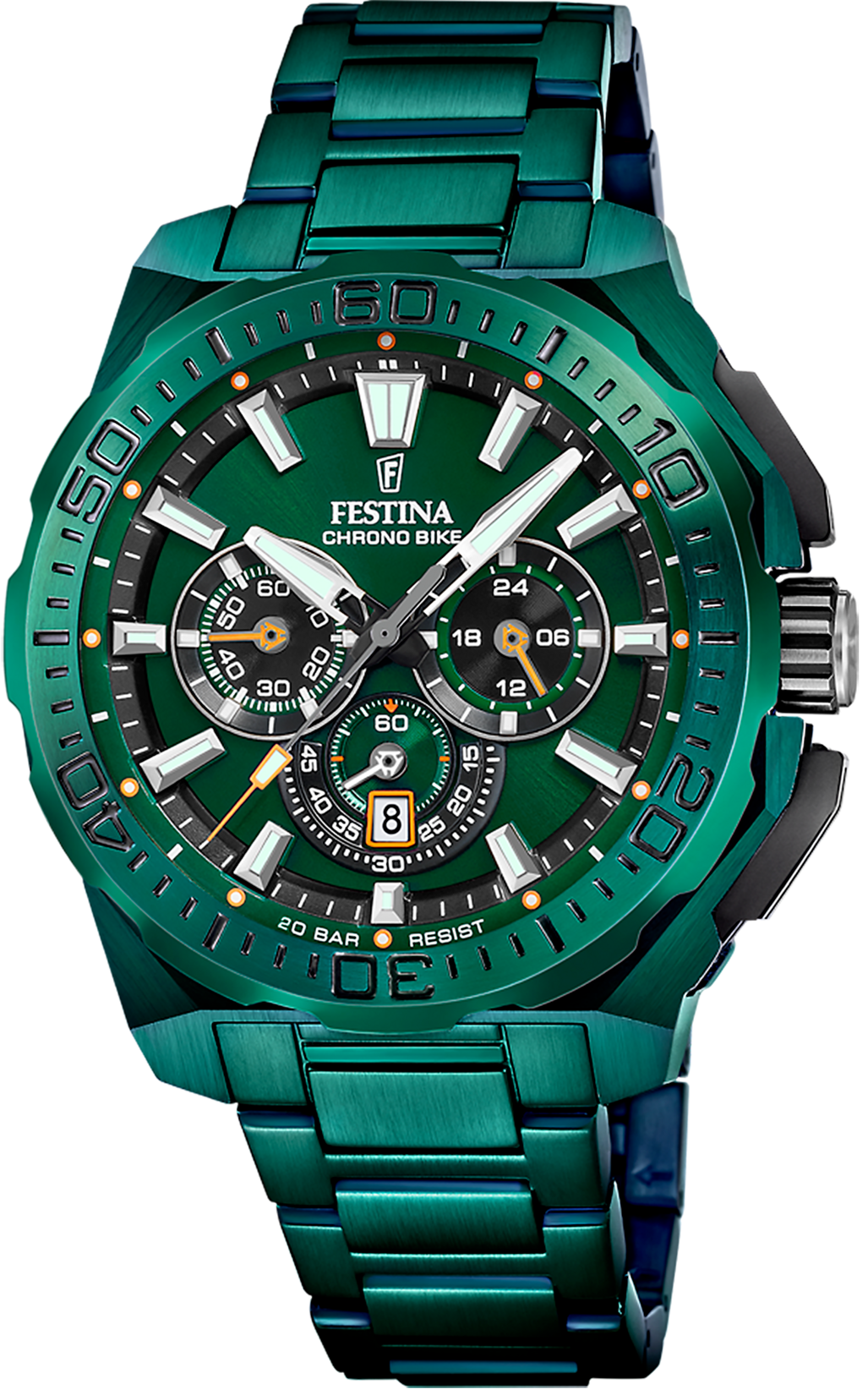 Zegarek męski Festina Chrono Bike z zieloną tarczą, chronografem i metalową bransoletą