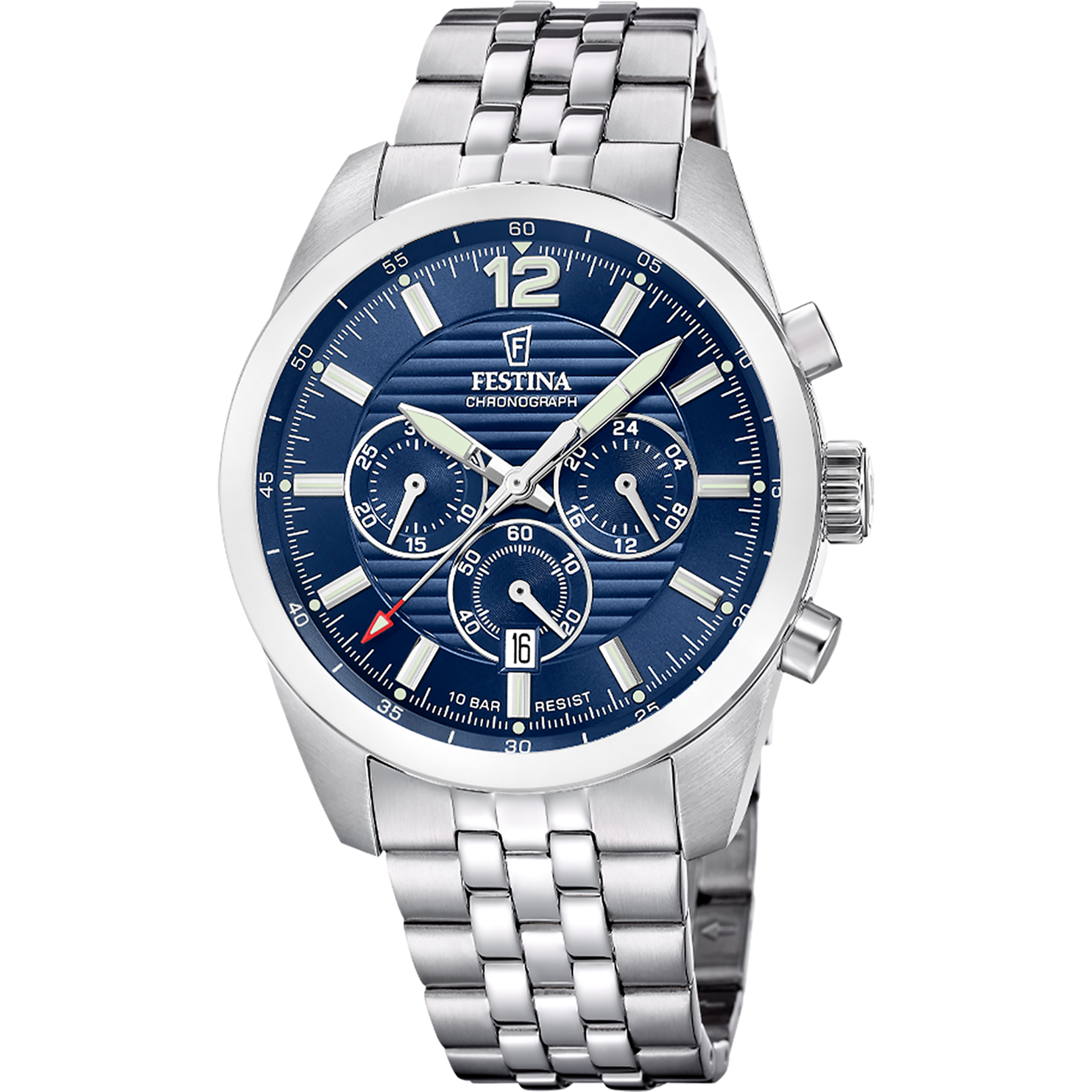 Zegarek męski Festina typu chronograf z bransoletą ze stali szlachetnej, niebieską tarczą i datownikiem