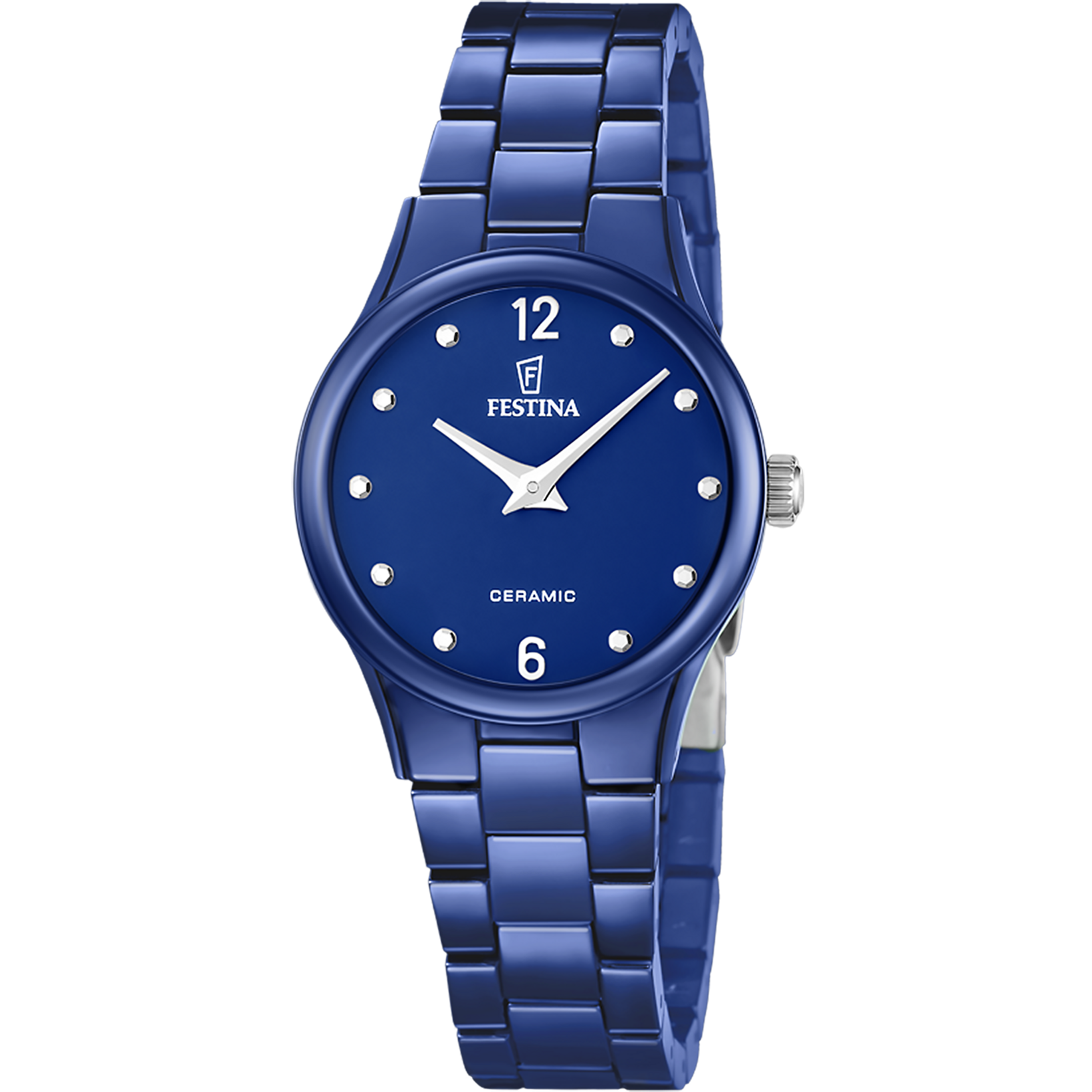 Zegarek damski Festina z niebieską ceramiczną bransoletą, okrągłą tarczą i indeksami