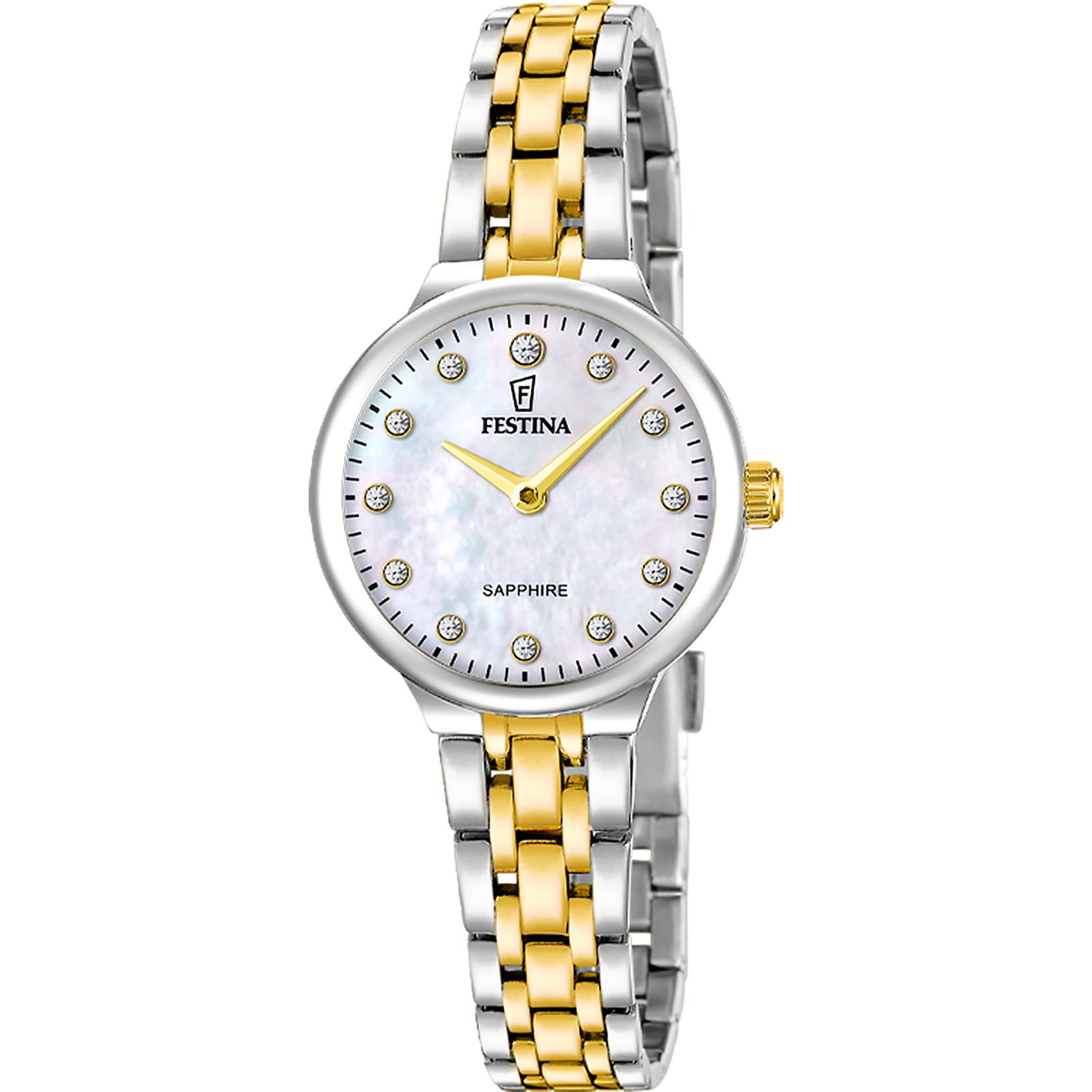 Festina Mademoiselle Damen-Armbanduhr: silber-/goldfarbenes Edelstahlband, weißes Ziffernblatt