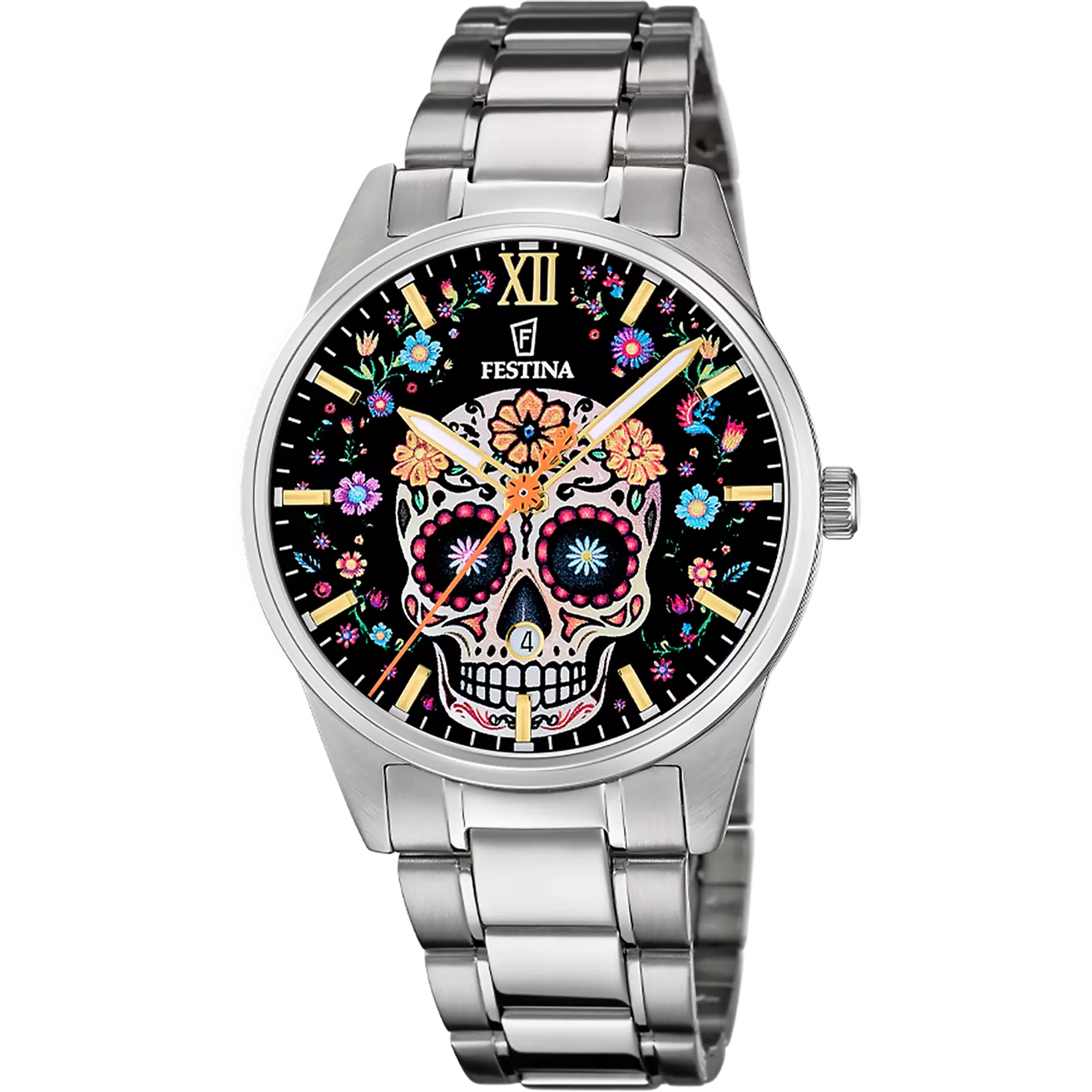 Festina Herrenarmbanduhr mit silbernem Edelstahlarmband und schwarzem Totenkopf-Zifferblatt