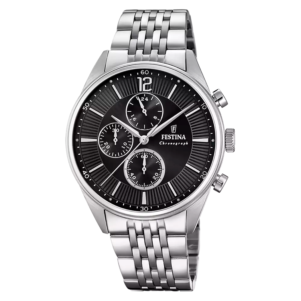 Męski zegarek Festina Chronograph z czarną tarczą i bransoletą ze stali szlachetnej
