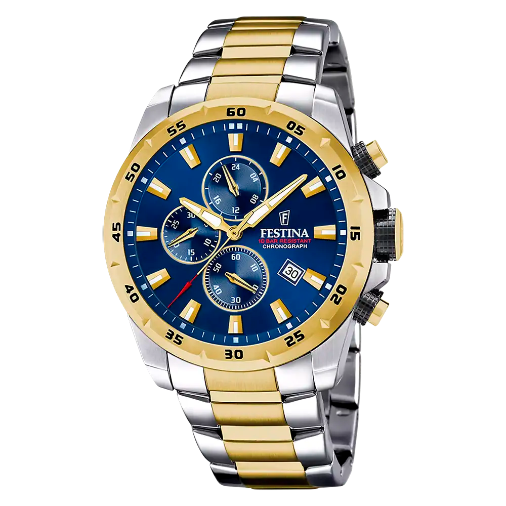 Zegarek męski Festina Chronograph z niebieską tarczą oraz złoto-srebrną bransoletą ze stali szlachetnej