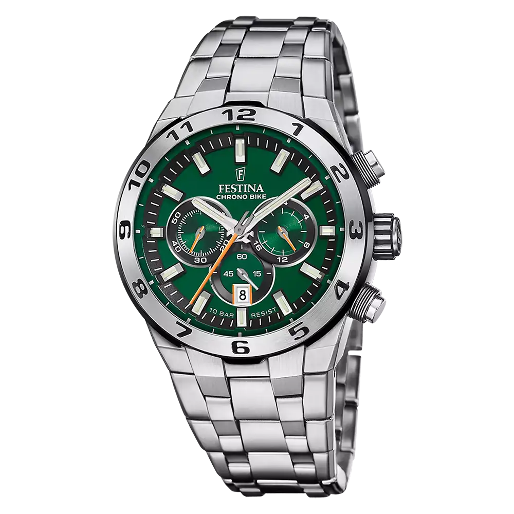 Zegarek męski Festina Chrono Bike z zieloną tarczą, chronografem i bransoletą ze stali szlachetnej