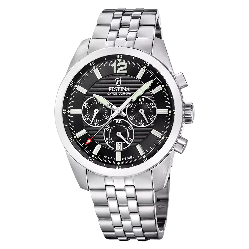 Zegarek Festina Chronograph z bransoletą ze stali szlachetnej, czarną tarczą i szkłem mineralnym