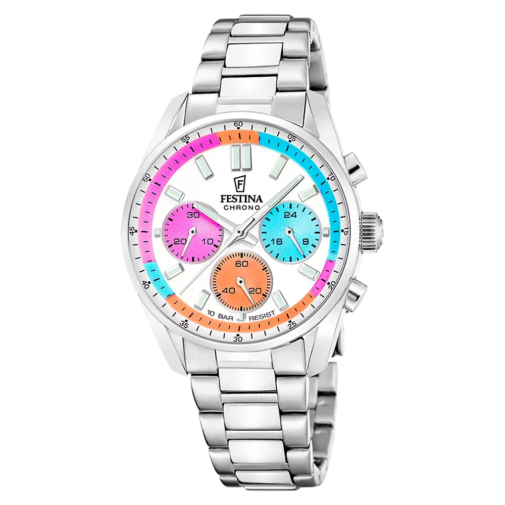 Zegarek męski Festina Chronograph z kolorową tarczą i srebrną metalową bransoletą