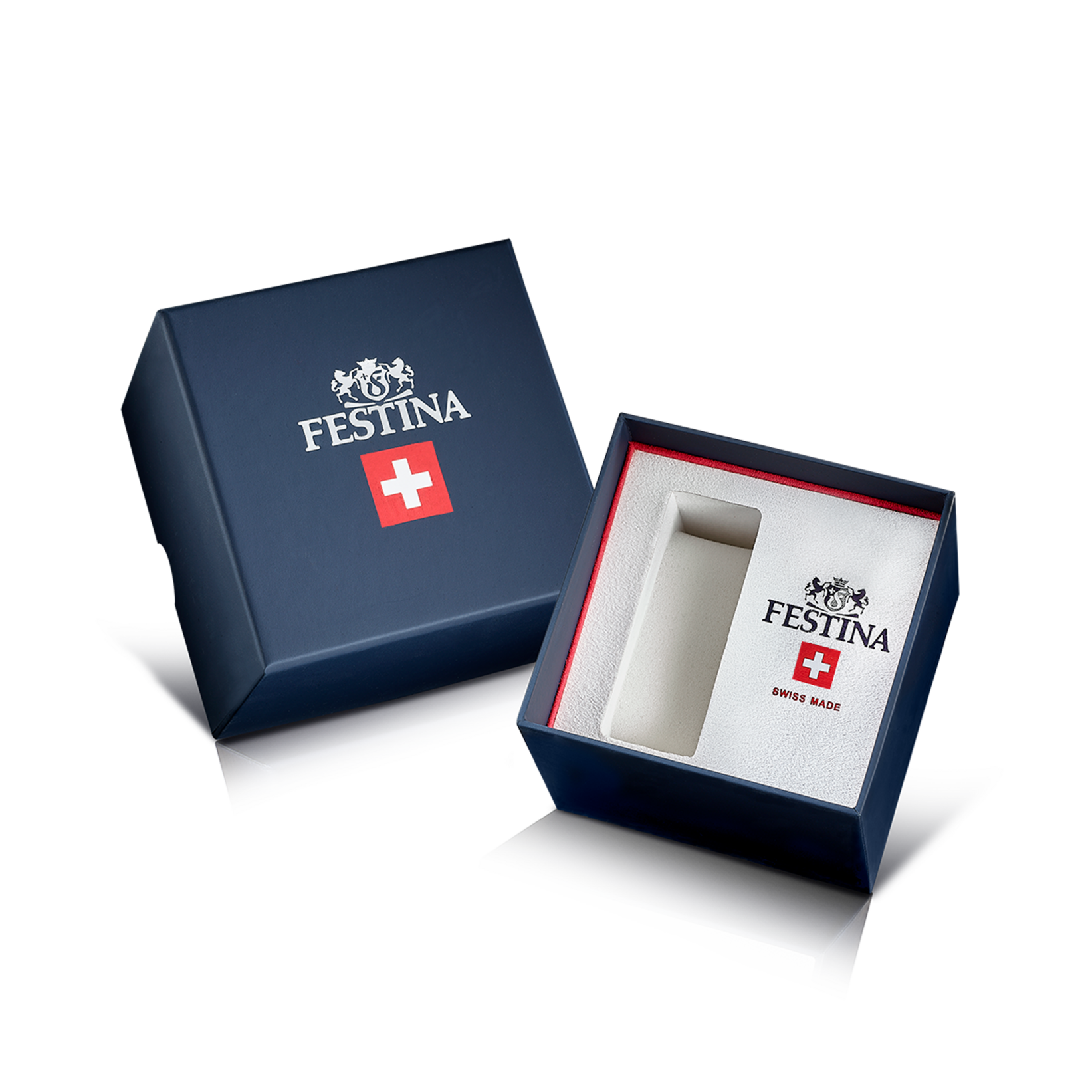 Pudełko prezentowe Festina z czerwonym akcentem i nadrukiem Swiss-Made na zegarek męski