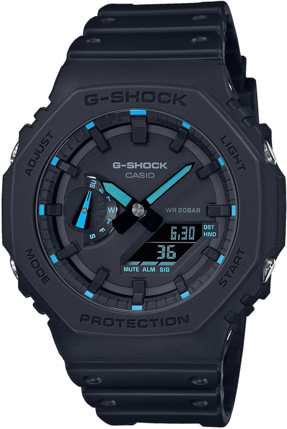Zegarek męski Casio G-Shock z czarnym paskiem, wyświetlaczem analogowo-cyfrowym i niebieskimi akcentami