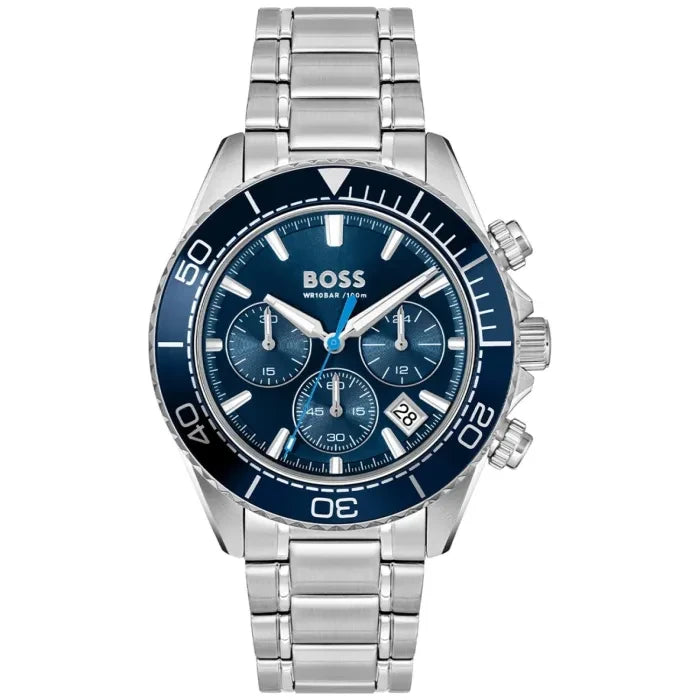 Męski zegarek BOSS typu chronograf z niebieską tarczą, kopertą i bransoletą ze stali szlachetnej