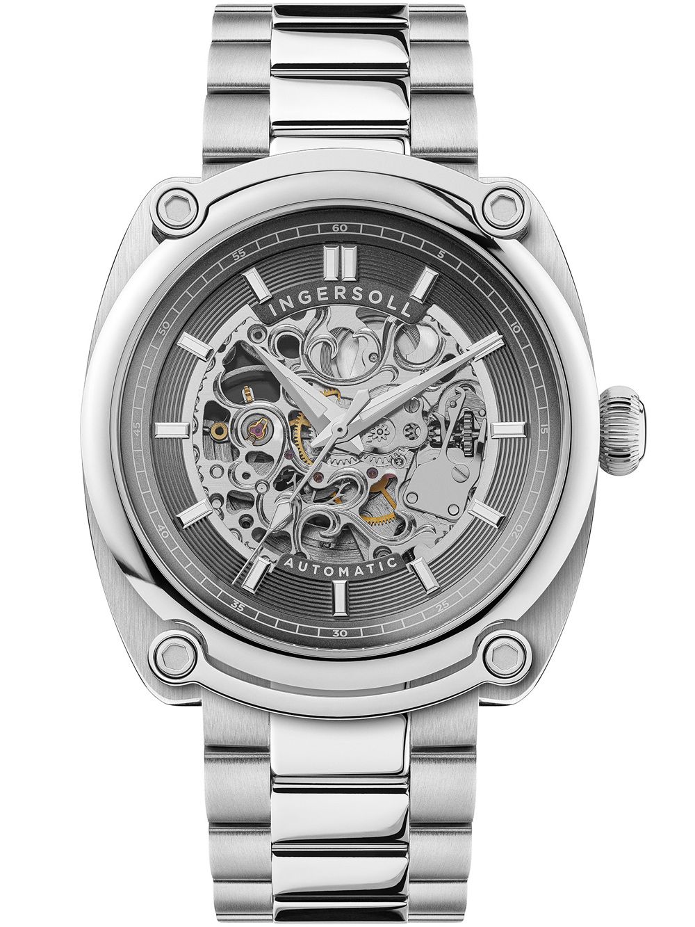 Srebrny zegarek męski z tarczą typu skeleton, bransoleta ze stali szlachetnej, okrągła koperta z mechanizmem automatycznym