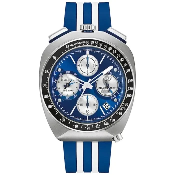 Męski zegarek Bulova Precisionist Chronograph z niebieską tarczą i paskiem w paski