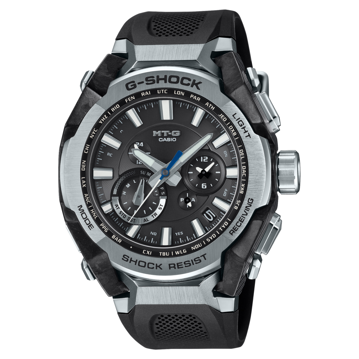 Zegarek męski Casio G-Shock: czarny pasek z kauczuku, metalowa koperta, analogowa tarcza.