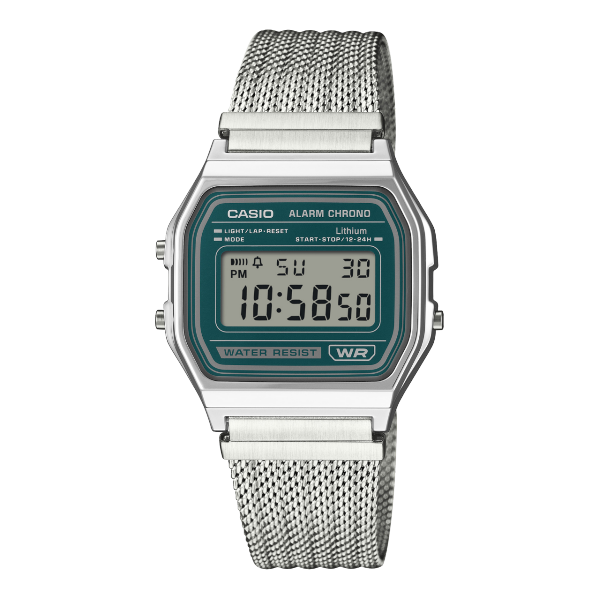Zegarek Casio z zieloną tarczą cyfrową, srebrną bransoletą typu mesh i funkcją chronografu