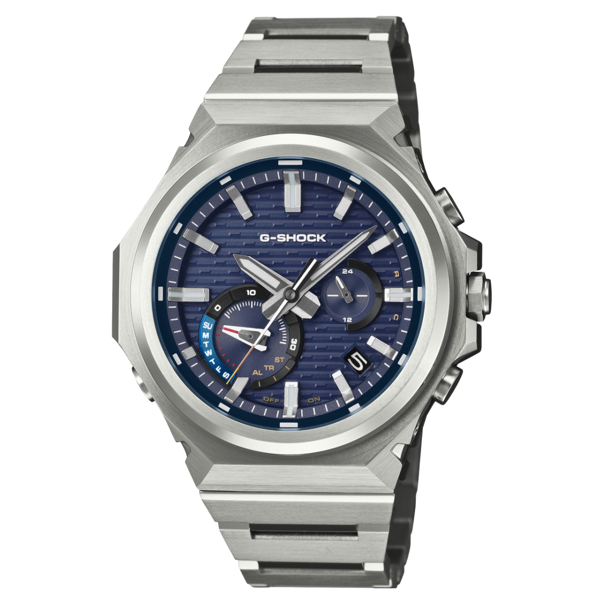 Zegarek męski Casio G-Shock z niebieską tarczą i srebrną metalową bransoletą, okrągła koperta