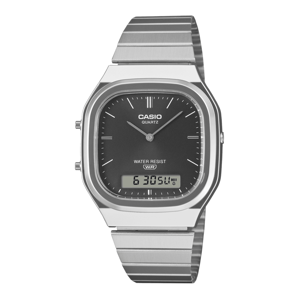 Casio Vintage Armbanduhr mit schwarzem Zifferblatt, Analog-Digital, Edelstahlarmband