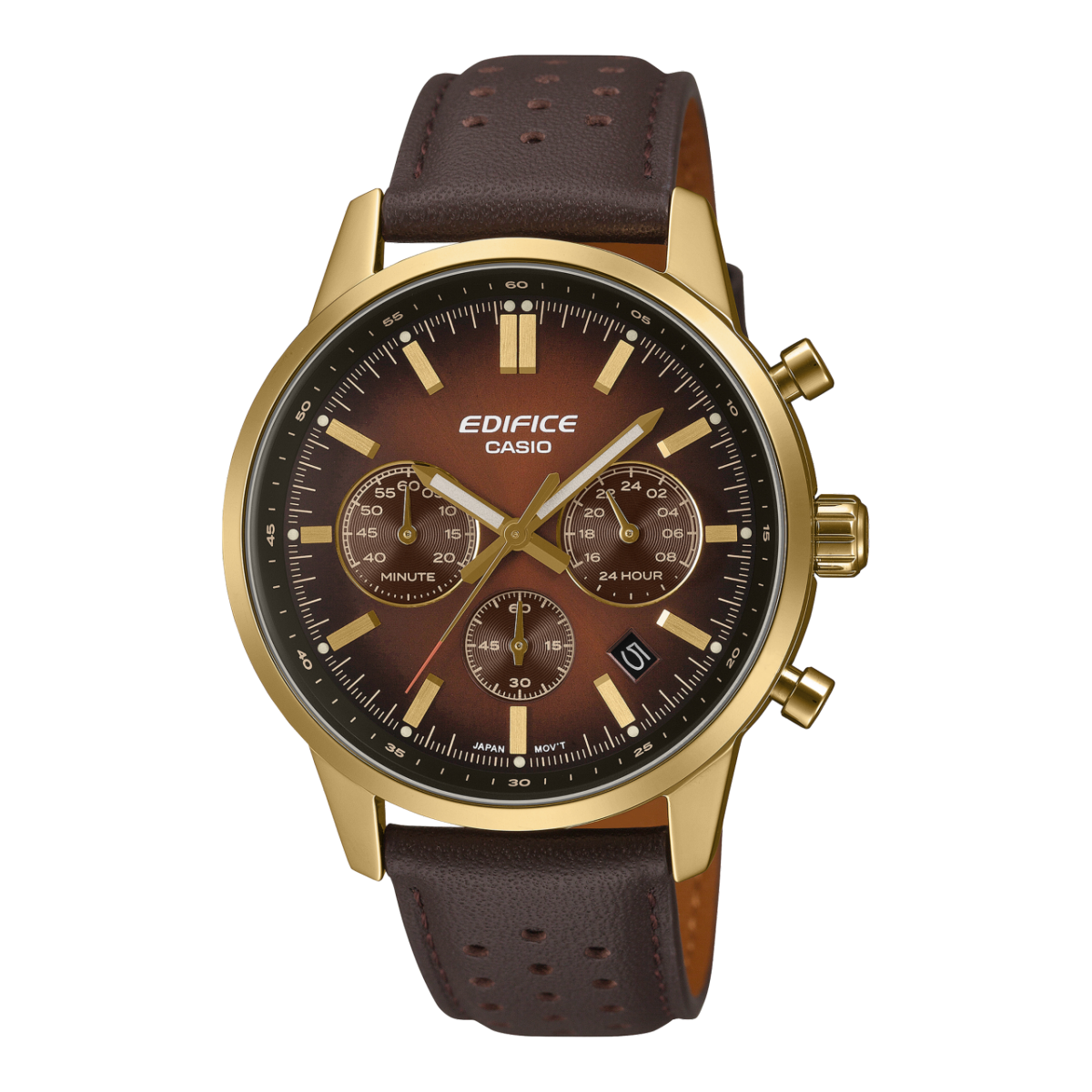 Zegarek męski Casio Edifice z brązowym skórzanym paskiem, złotą kopertą i tarczą chronografu