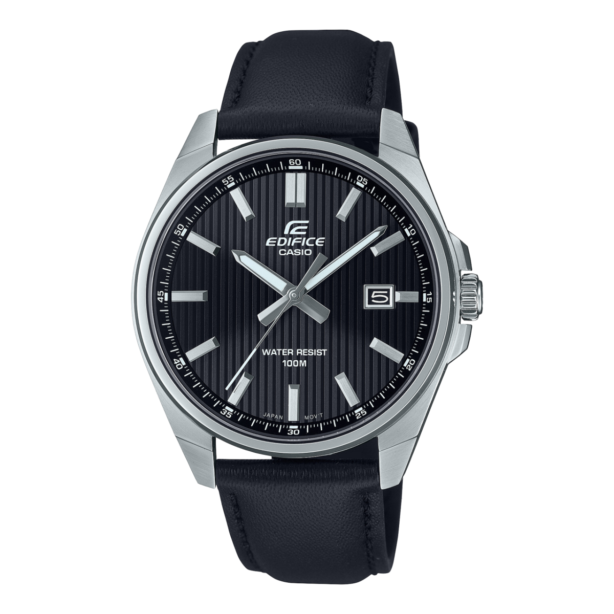 Damski zegarek Casio Edifice z czarnym skórzanym paskiem, czarną tarczą i indeksami