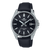 Damski zegarek Casio Edifice z czarnym skórzanym paskiem, czarną tarczą i indeksami