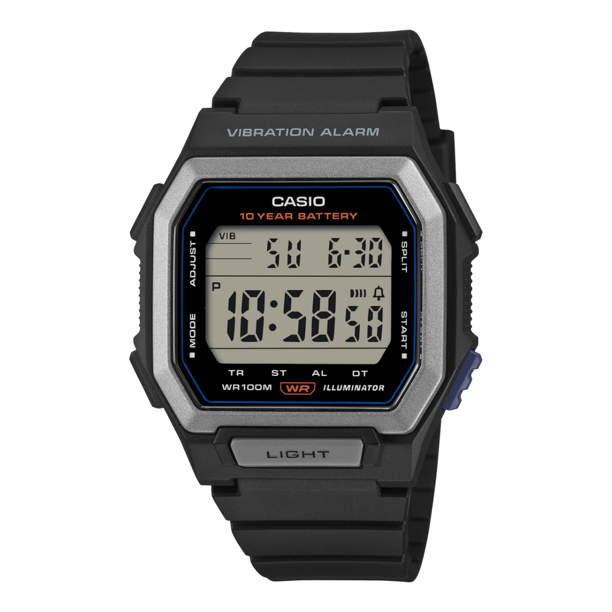 Męski zegarek cyfrowy Casio w kolorze czarnym z alarmem wibracyjnym i prostokątnym wyświetlaczem cyfrowym
