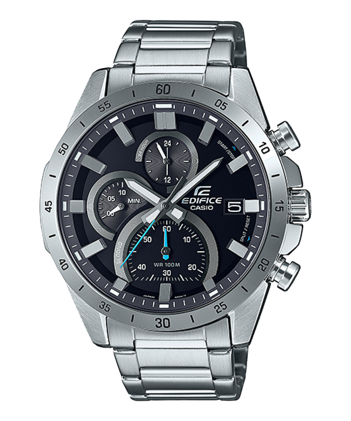 Męski zegarek chronograf z bransoletą ze stali szlachetnej, czarną tarczą i niebieskimi detalami