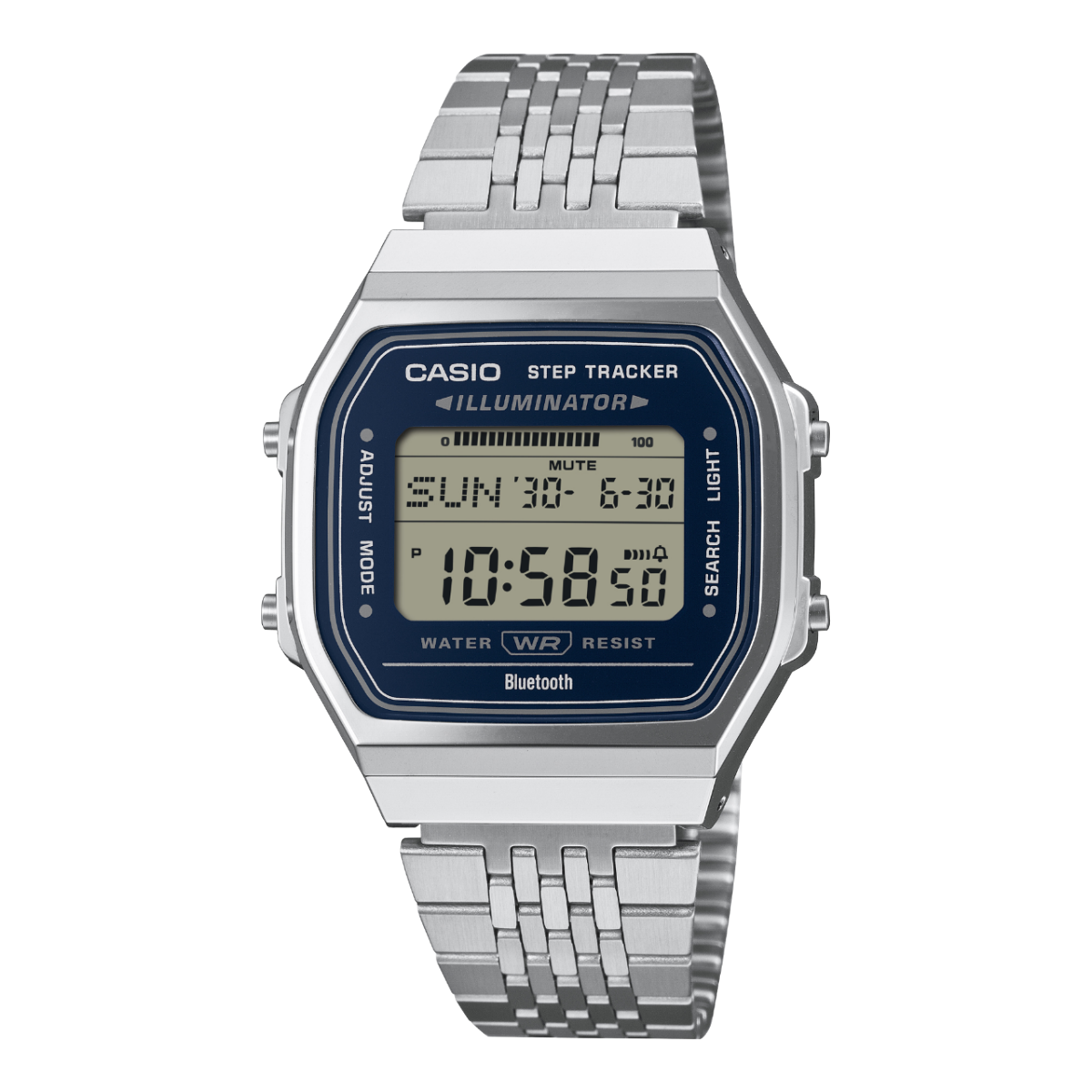 Zegarek cyfrowy Casio Vintage ABL-100WE-2AEF ze srebrną metalową bransoletą i niebieskim wyświetlaczem