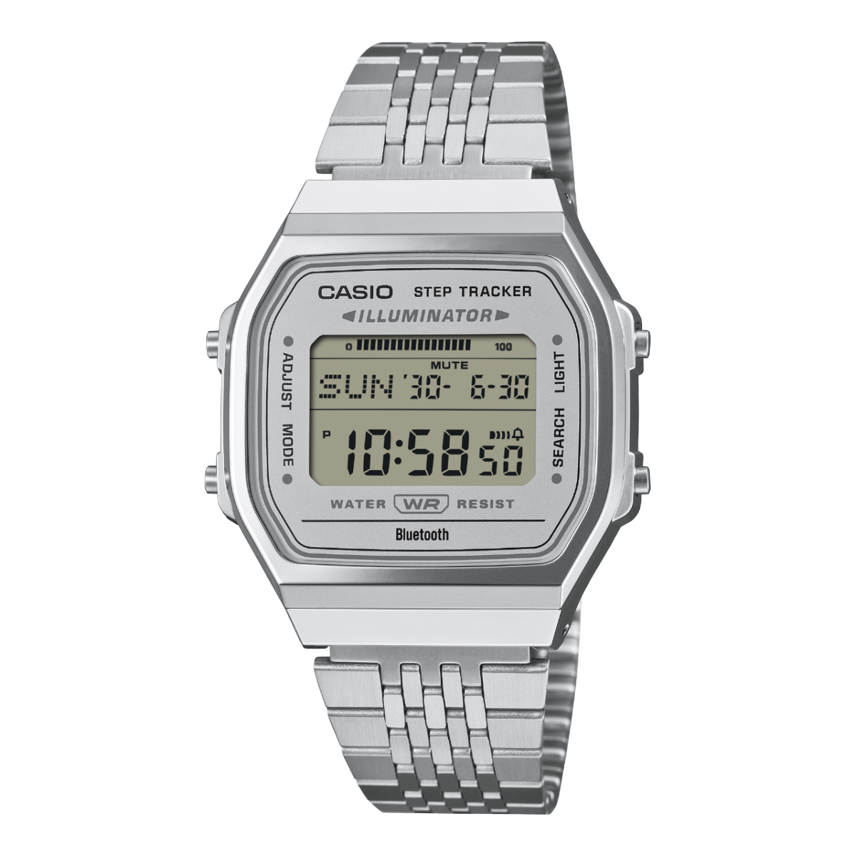Zegarek Casio Vintage z metalową bransoletą, prostokątnym wyświetlaczem cyfrowym i krokomierzem