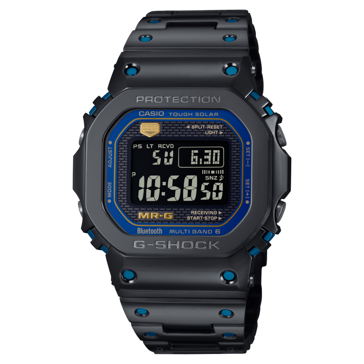 Zegarek męski G-SHOCK z czarną kopertą i niebieską obwódką wyświetlacza, prostokątne okienko wyświetlacza cyfrowego