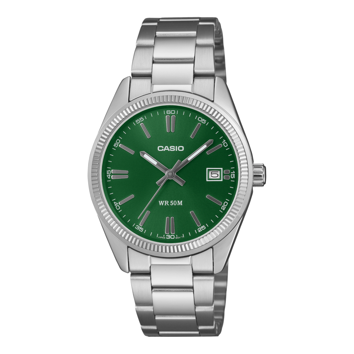 Zegarek Casio: zielona tarcza, metalowa bransoleta, datownik, wodoszczelność 50 m