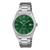 Zegarek Casio: zielona tarcza, metalowa bransoleta, datownik, wodoszczelność 50 m