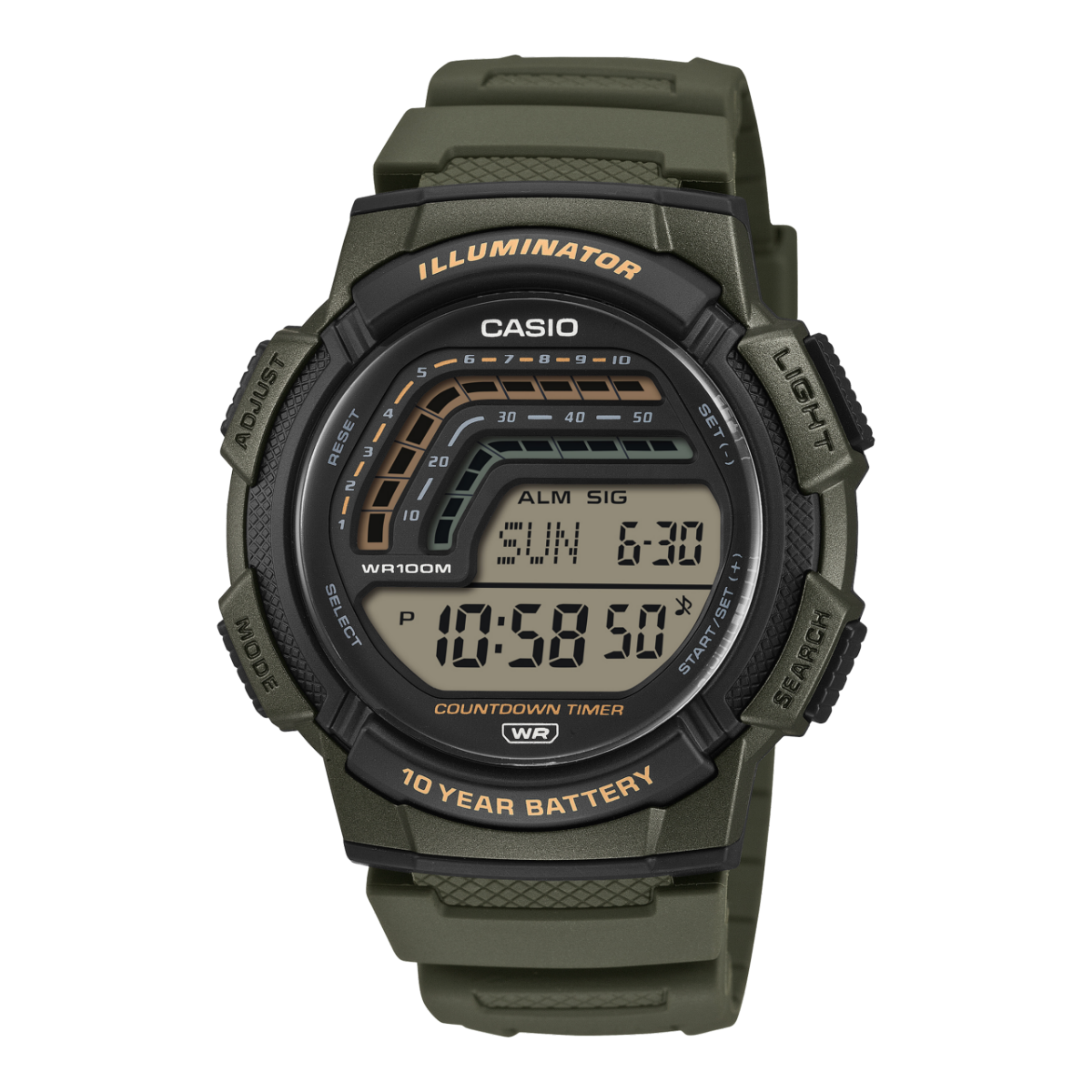 Zegarek męski cyfrowy Casio WS-1800-3AVEF w kolorze khaki • Wodoszczelność 10 bar • Bateria na 10 lat