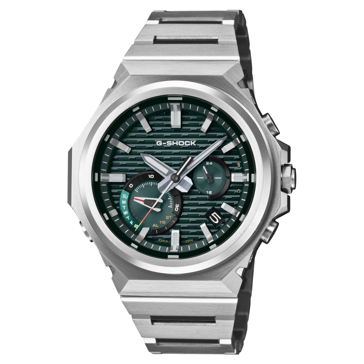 Zegarek męski Casio G-Shock z zieloną tarczą i srebrną metalową bransoletą