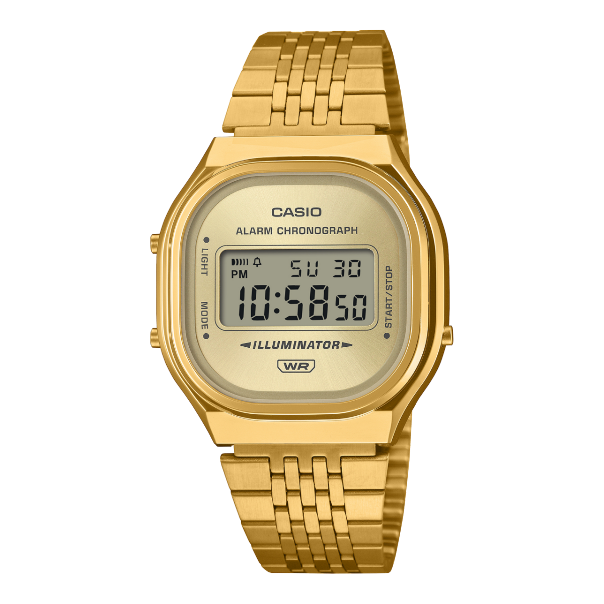 Zegarek cyfrowy Casio w kolorze złotym z metalową bransoletą, okrągła tarcza, godzina 10:58:50